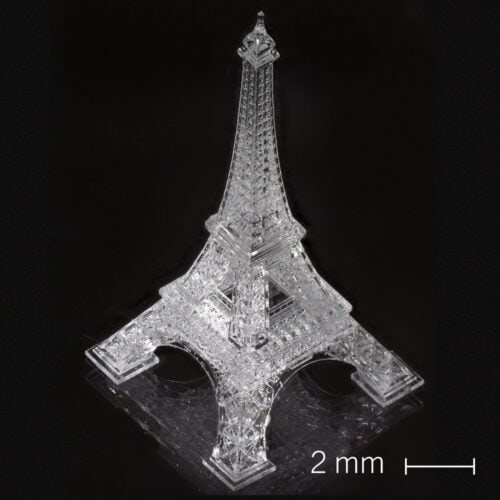 Eiffel Tower, directly printed from UpQuartz, showcasing the obtainable complexity as well as remarkable size that can be achieved with UpQuartz. The tower is 10 mm high and has intricate features that reach into the tens of micrometers range.